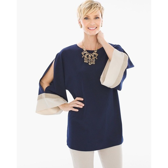 Chico's Navy Blue Crew Neck Metallic Blocked Dolman Sleeve Tunic Top Woman 0 Sm - Picture 1 of 7